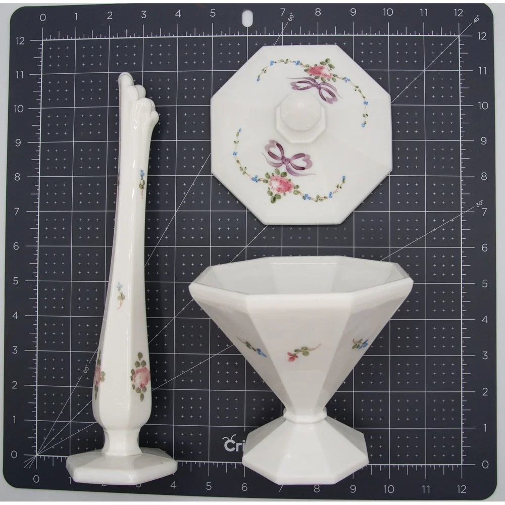 Vintage Milk Glass Floral Bud Vase‎ and Lidded Candy Dish Set Hand Painted Roses